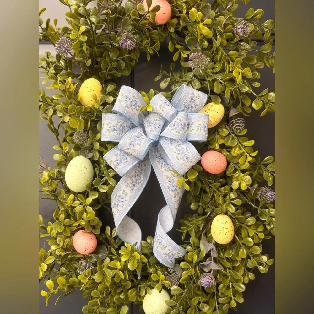 Handmade Boxwood Easter Bunny Wreath with Pastel Eggs and Blue Bow 28” x 13”